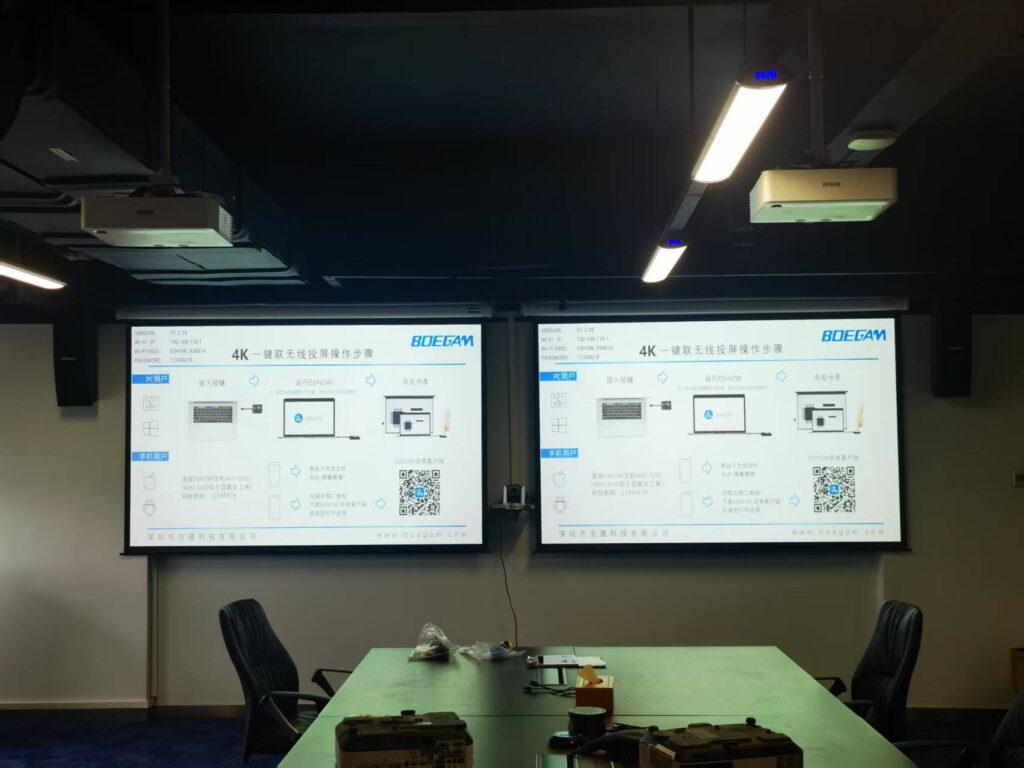 Boegam wireless presentation device installed in a corporate meeting room to support efficient presentations.